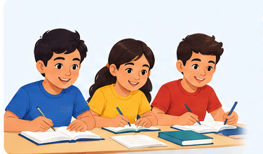 Illustrated students studying together in a classroom