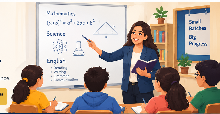 Illustrated classroom with a teacher explaining lessons to students